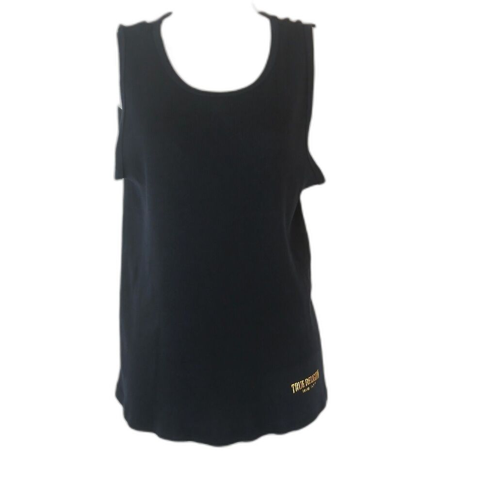 True Religion Tank Top Womens  Black Ribbed  Sleeveless Logo Sz L Casual Classic